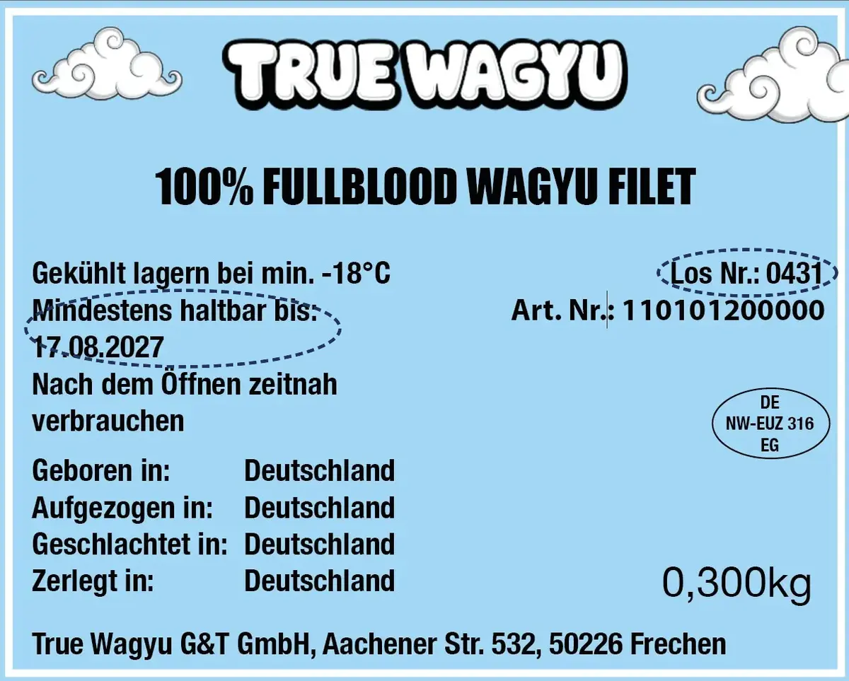 Etikett einer True-Wagyu-Packung, auf dem die Los-Nr. und das Mindesthaltbarkeitsdatum markiert sind