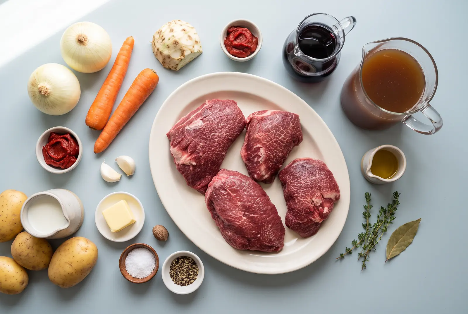 Rohe Rinderbäckchen mit Wurzelgemüse, Rotwein und Fond sowie Zutaten für Kartoffelpüree
