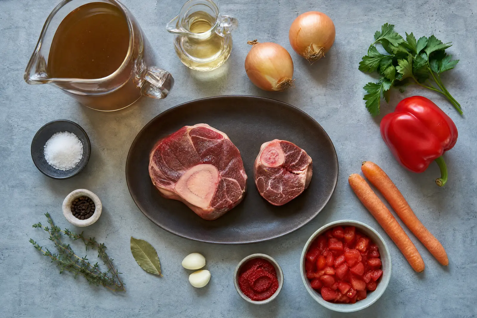 Rohe Beinscheiben mit Markknochen, Möhren, Zwiebeln, Paprika, Tomaten und Fond