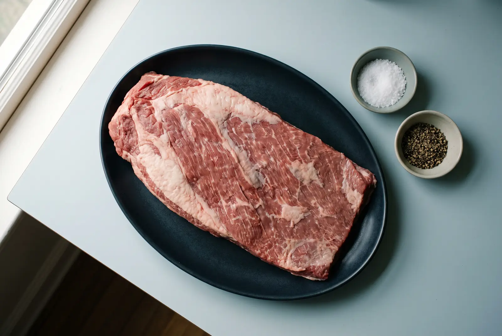 Ein rohes Brisket-Flat auf einem Teller mit grobem Salz und schwarzem Pfeffer