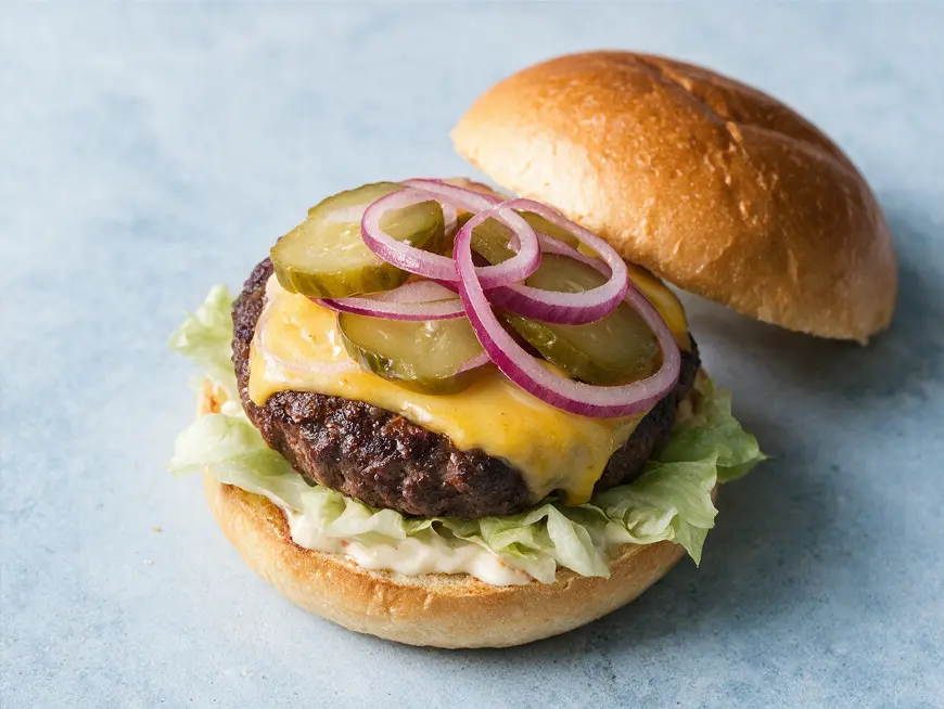 Offener Burger mit Käse, Salat, Gewürzgurken und roten Zwiebelringen