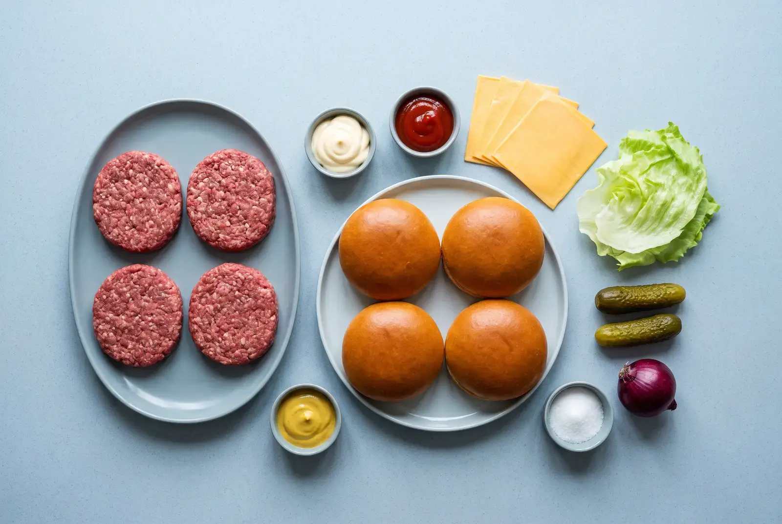 Patties auf einem eigenen Teller, Burgerbrötchen, Käse, Salat, Gurken, Zwiebel und Saucenzutaten