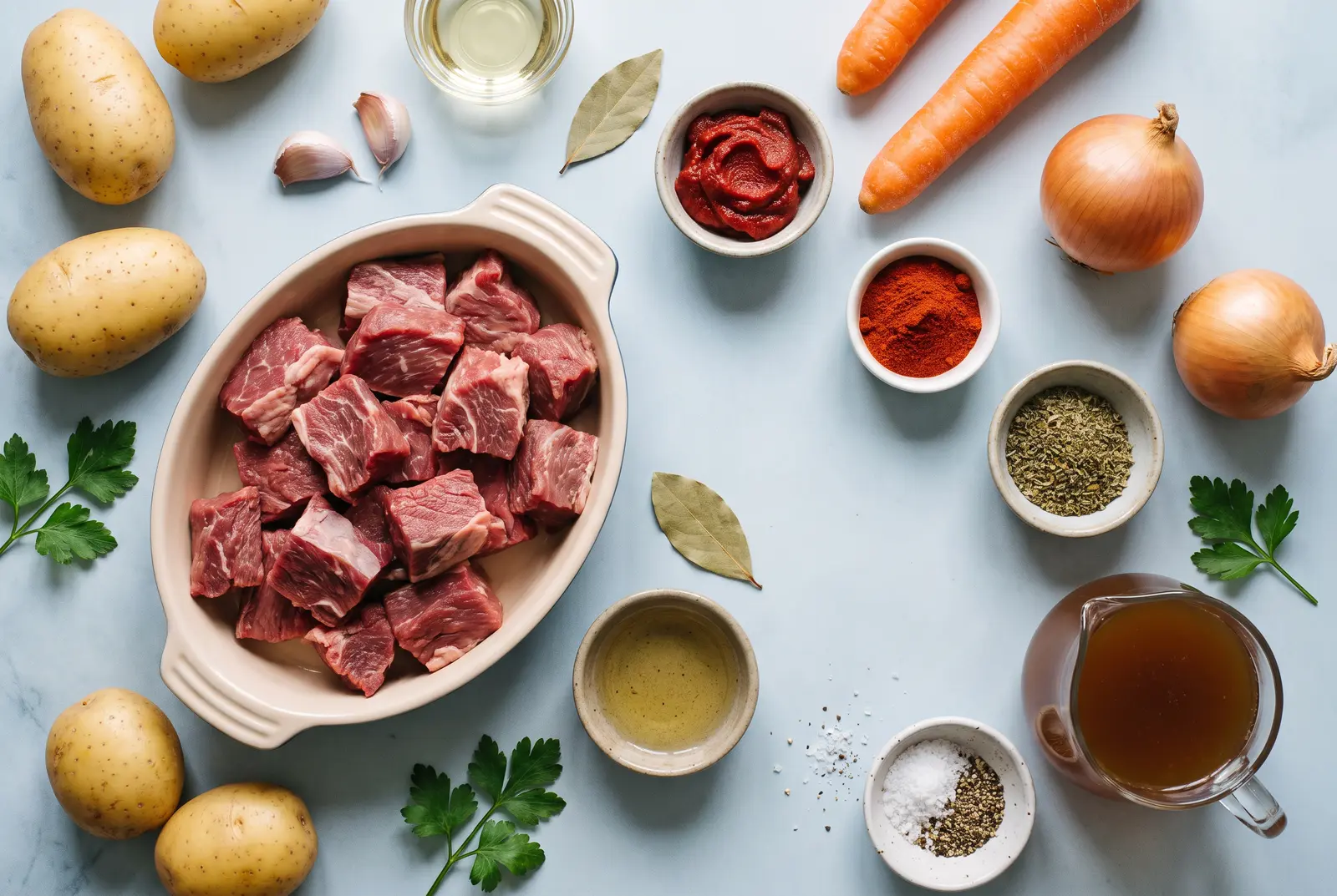 Rohes Gulaschfleisch mit Kartoffeln, Möhren, Zwiebeln, Tomatenmark, Paprikapulver und Fond