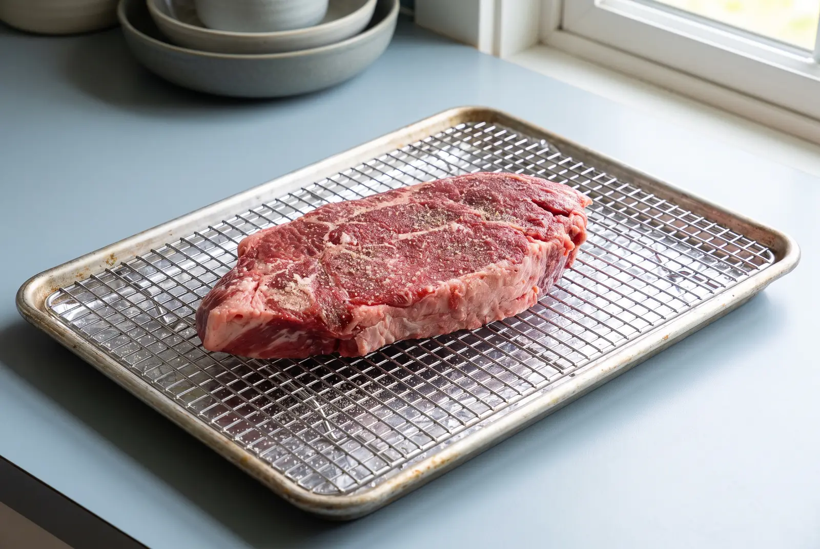 Ein rohes, gewürztes Ribeye auf einem Rost über einem Backblech