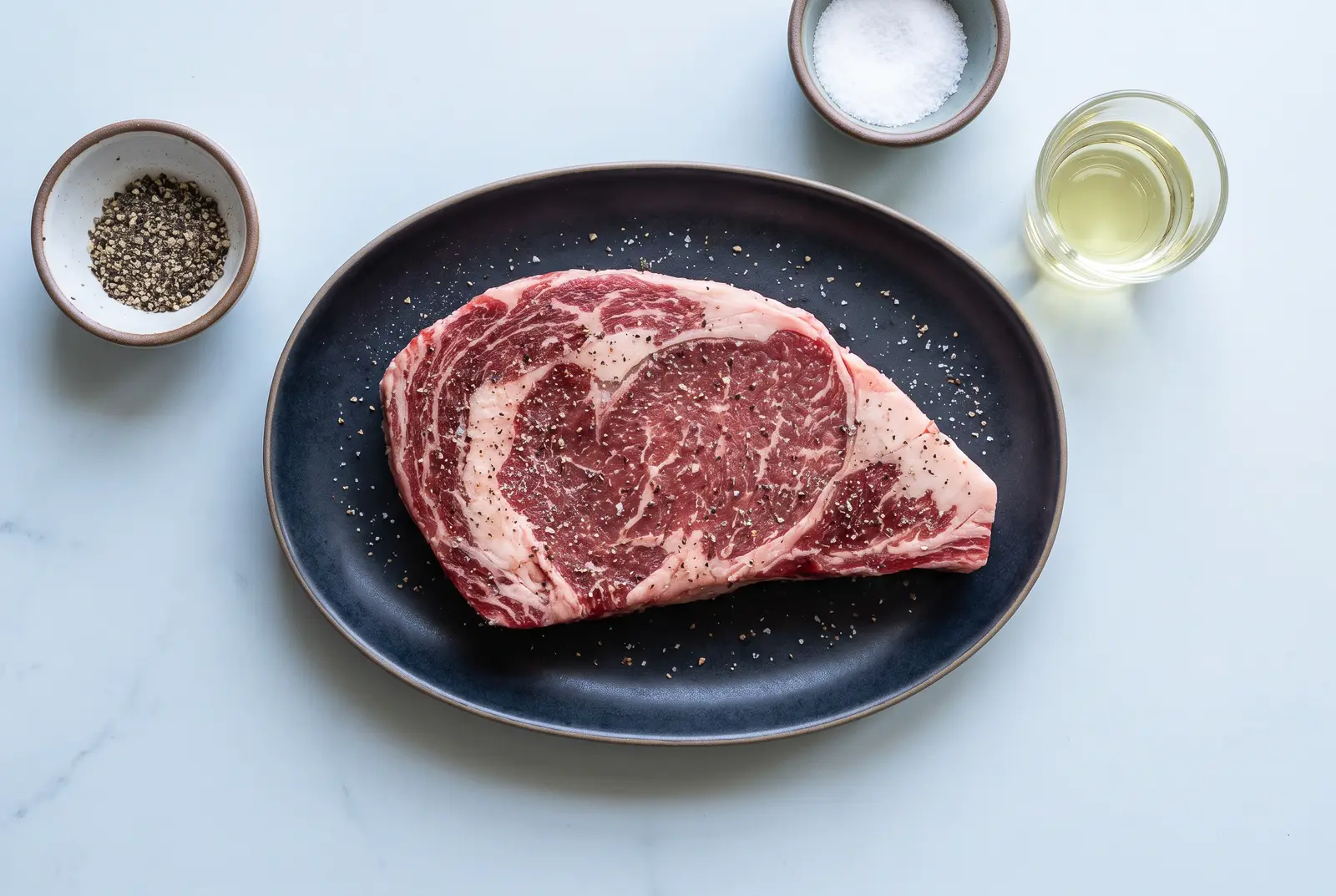 Ein rohes Ribeye auf einem Teller mit Salz, Pfeffer und etwas Öl