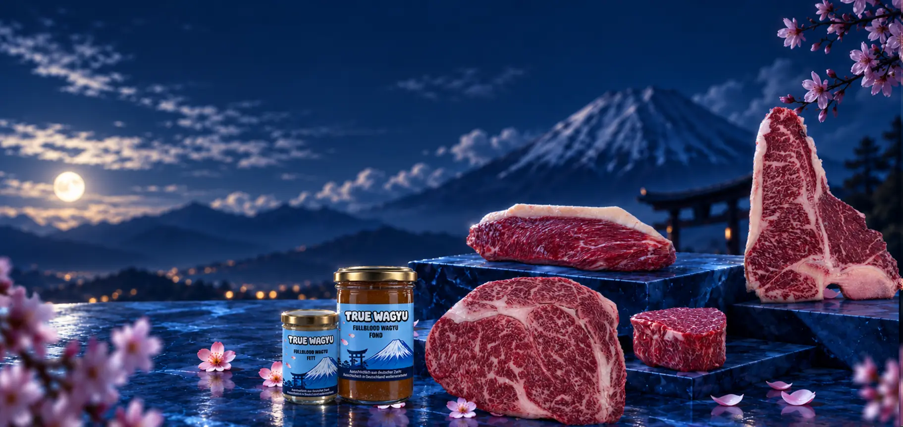 Fullblood-Wagyu-Cuts, Fett und Fond im Glas auf blauem Marmor vor dem Fuji bei Mondlicht