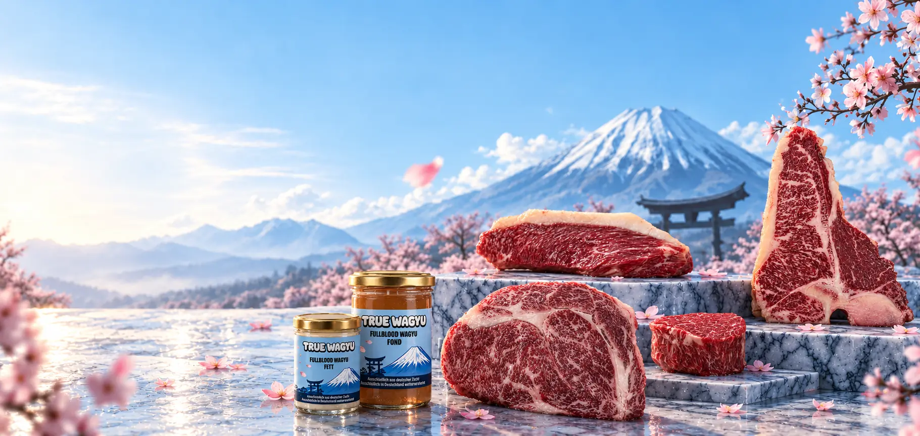 Fullblood-Wagyu-Cuts, Fett und Fond im Glas auf blauem Marmor vor dem Fuji